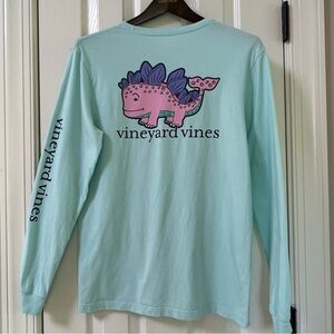 Vineyard Vines Kids Long Sleeve Dinosaur Pocket Tee | Youth XL | Light Aqua NWOT